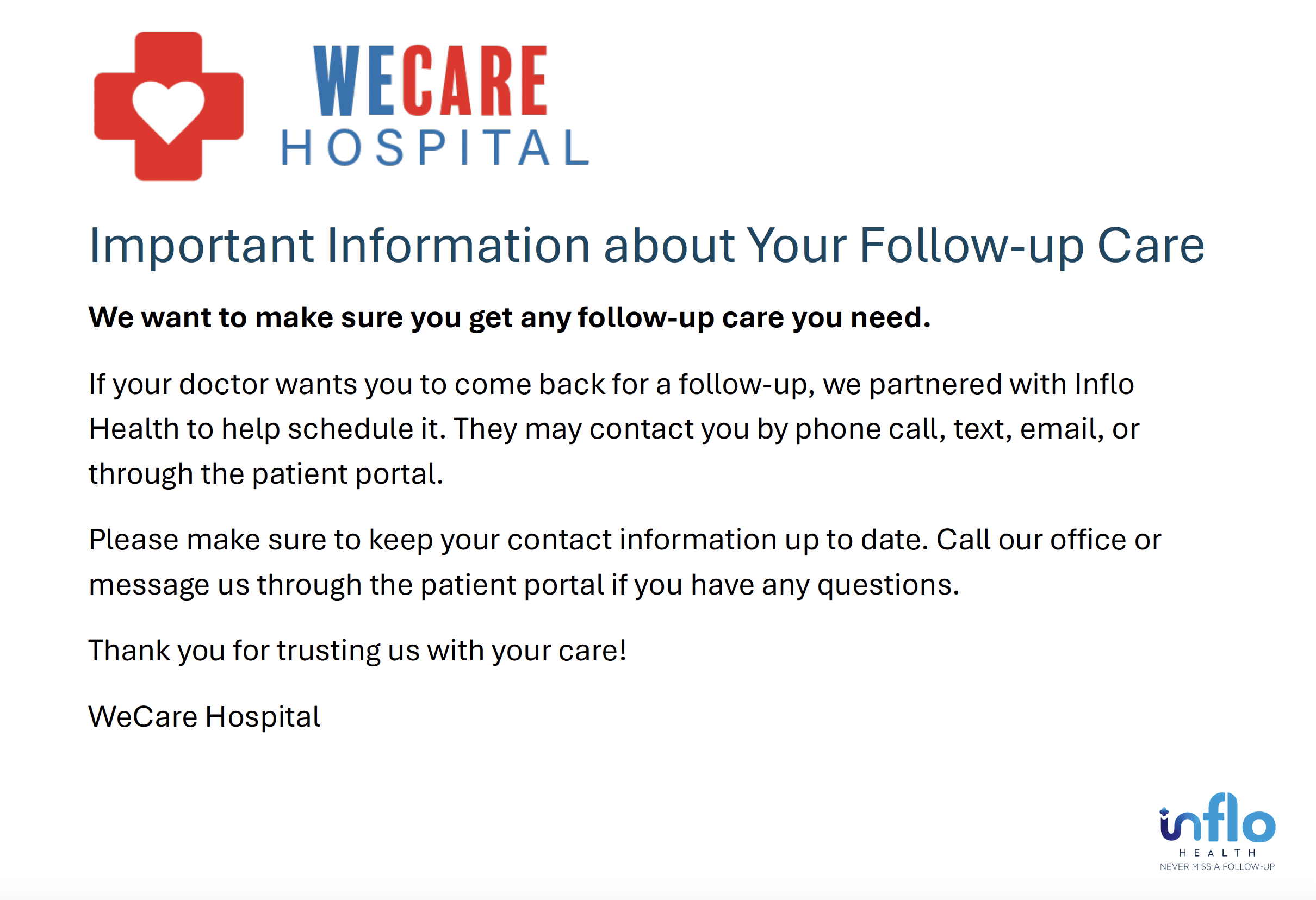 Example patient communication for follow-up