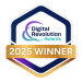 A hexagon-shaped award badge with blue and purple gradient accents displays the text “Digital Revolution Awards” alongside a circular motion graphic, overlaid with a gold ribbon reading “2025 Winner,” signifying industry recognition for digital innovation and excellence.